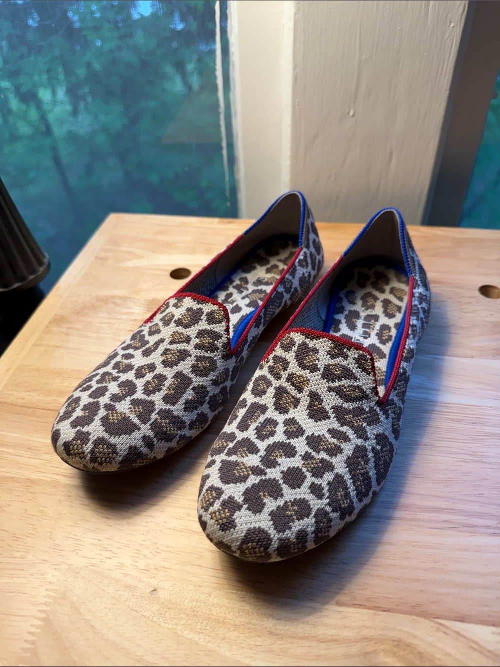 Rothy’s Mocha Spot Leopard Print Washable Slip-On Flats with Red & Blue Trim
